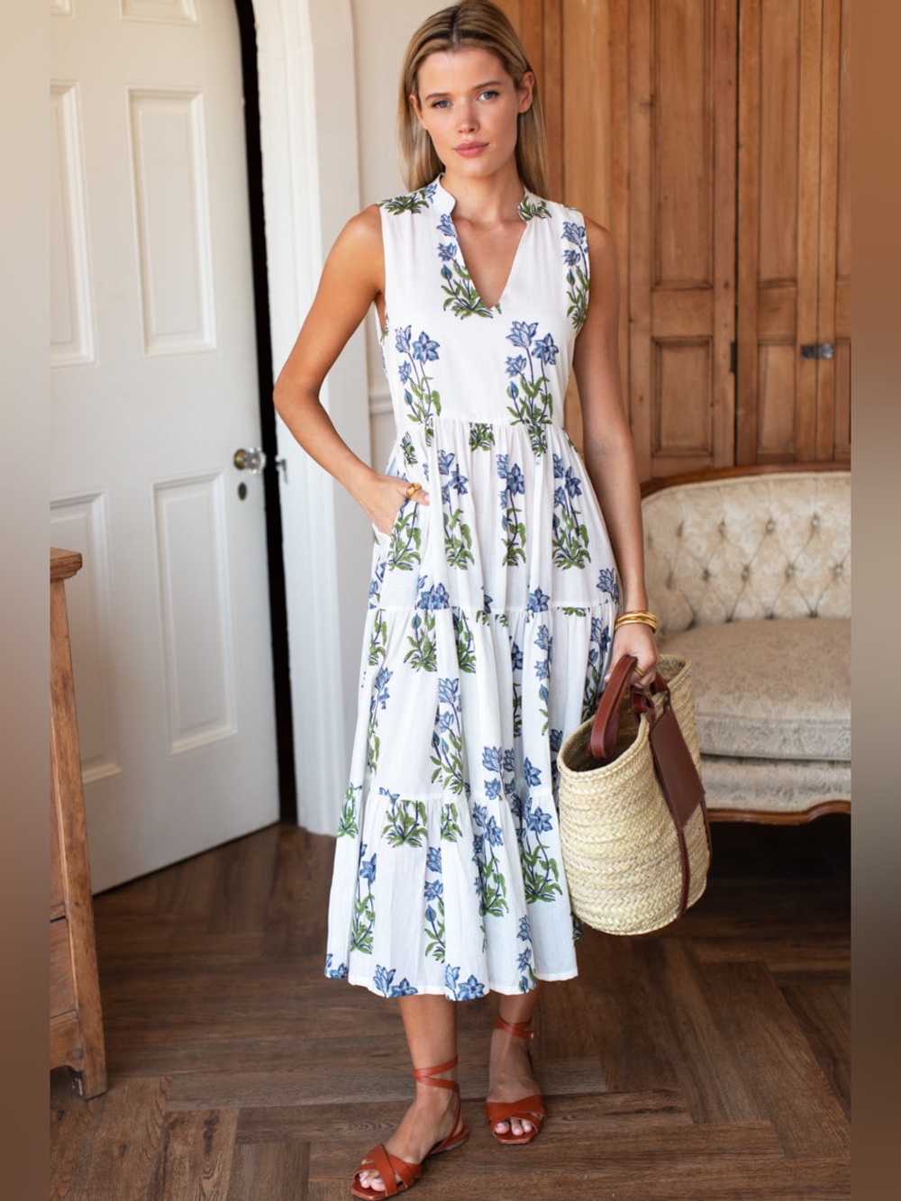 Emerson Fry Love Tomas Indi Tier Dress Size XS/S Blue Clematis Flowers Organic